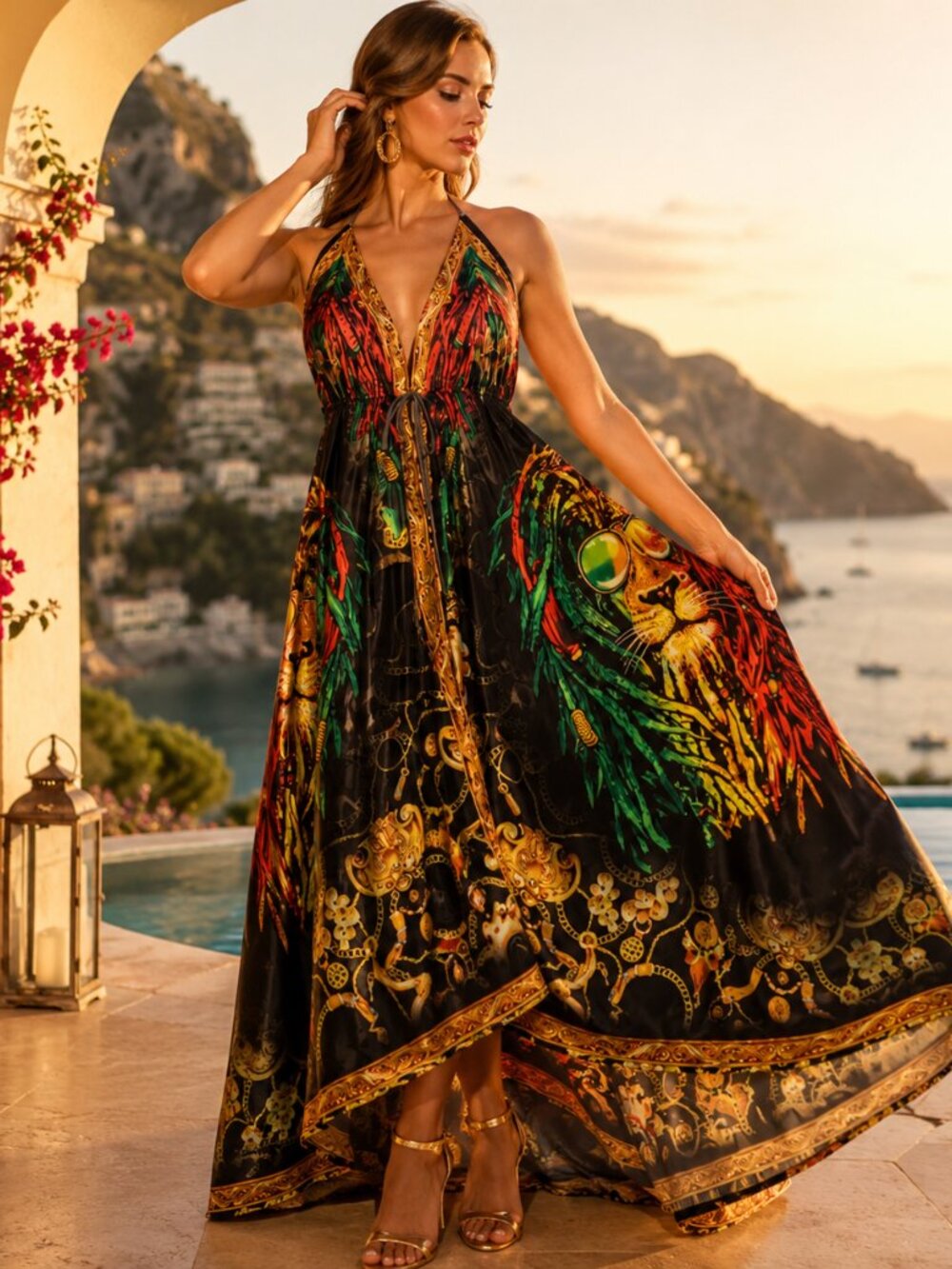 Baroque Print Silk Maxi Dress Halter Backless Luxury Resort Vacation Gown